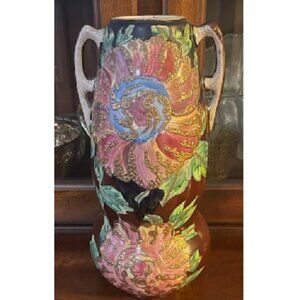 Antique Japanese Satsuma Vase 12” w/ Flowers Gold Leaf Designs, Gilding and Doub